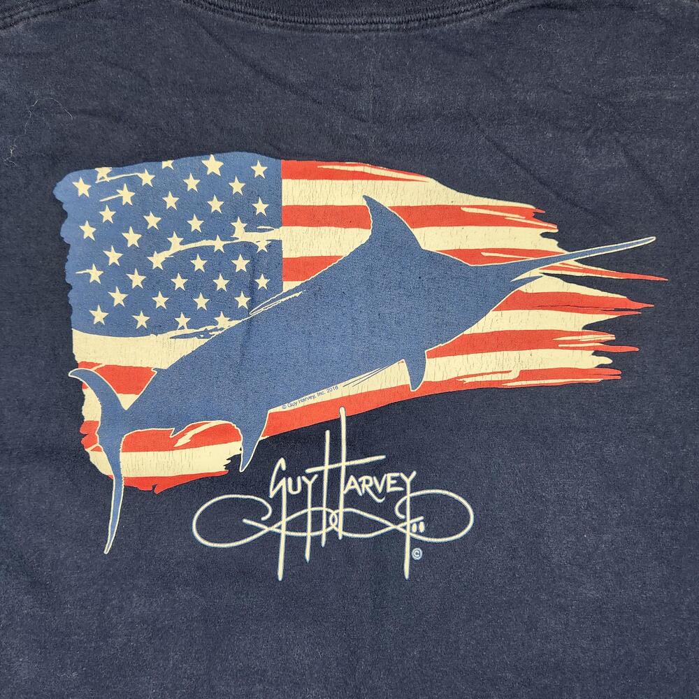 Guy Harvey Shirt Mens XL Blue American Flag Marlin Graphic Fishing USA Pocket